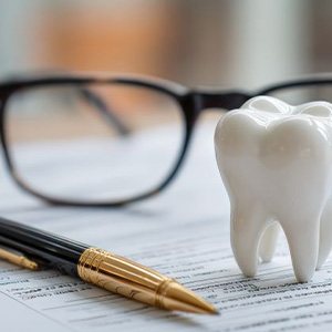 Tooth model on top of dental insurance document