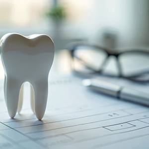 Large model tooth with glasses and pen on paper