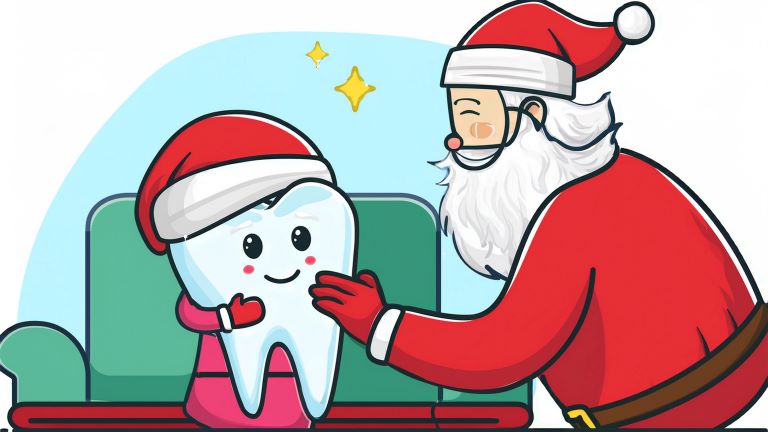 A cartoon image of Santa Claus comforting a tooth.